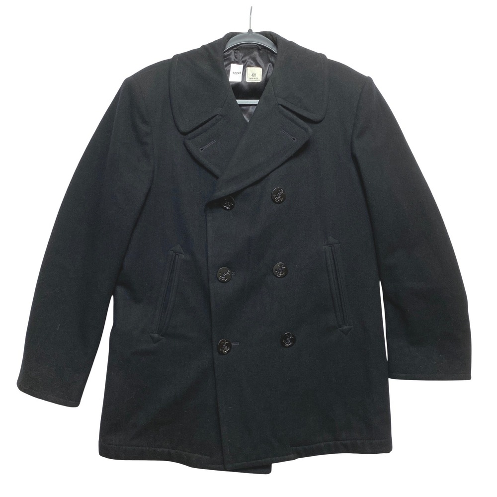 US Navy Style Pea Coat Mens 42R Black Double Breasted Wool Anchor Button